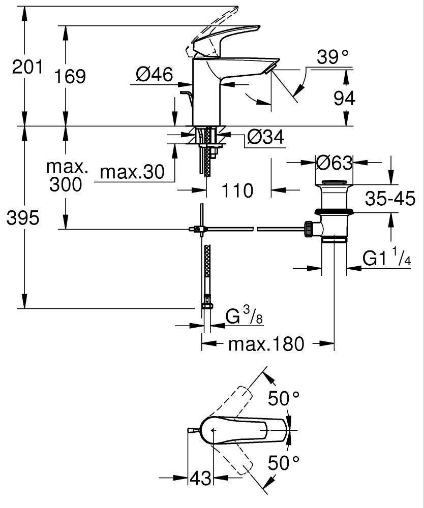 33265003 MIJEŠALICA GROHE EUROSMART S UMIVAONIK KROM S PILETOM