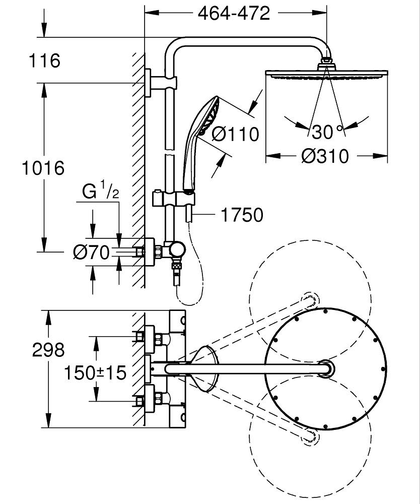 26075DL0 USPONSKI TUŠ GROHE EUPHORYA SYSTEM 310 TERMOSTATSKI BRUSHED WARM SUNSET